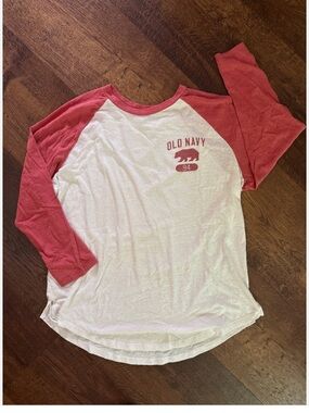 WOMENS Y2k Old Navy White & Pink/Red Raglan 3/4 sleeve T 1994 Bear Graphic Large